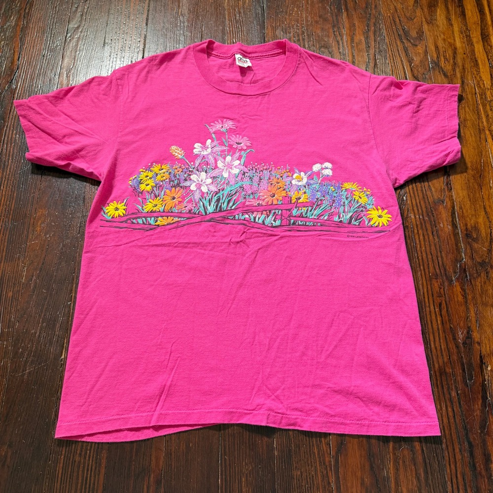 Vintage Floral Anvil T-Shirt Women XL Pink 1990 Lifestyles Puff Print 90s USA